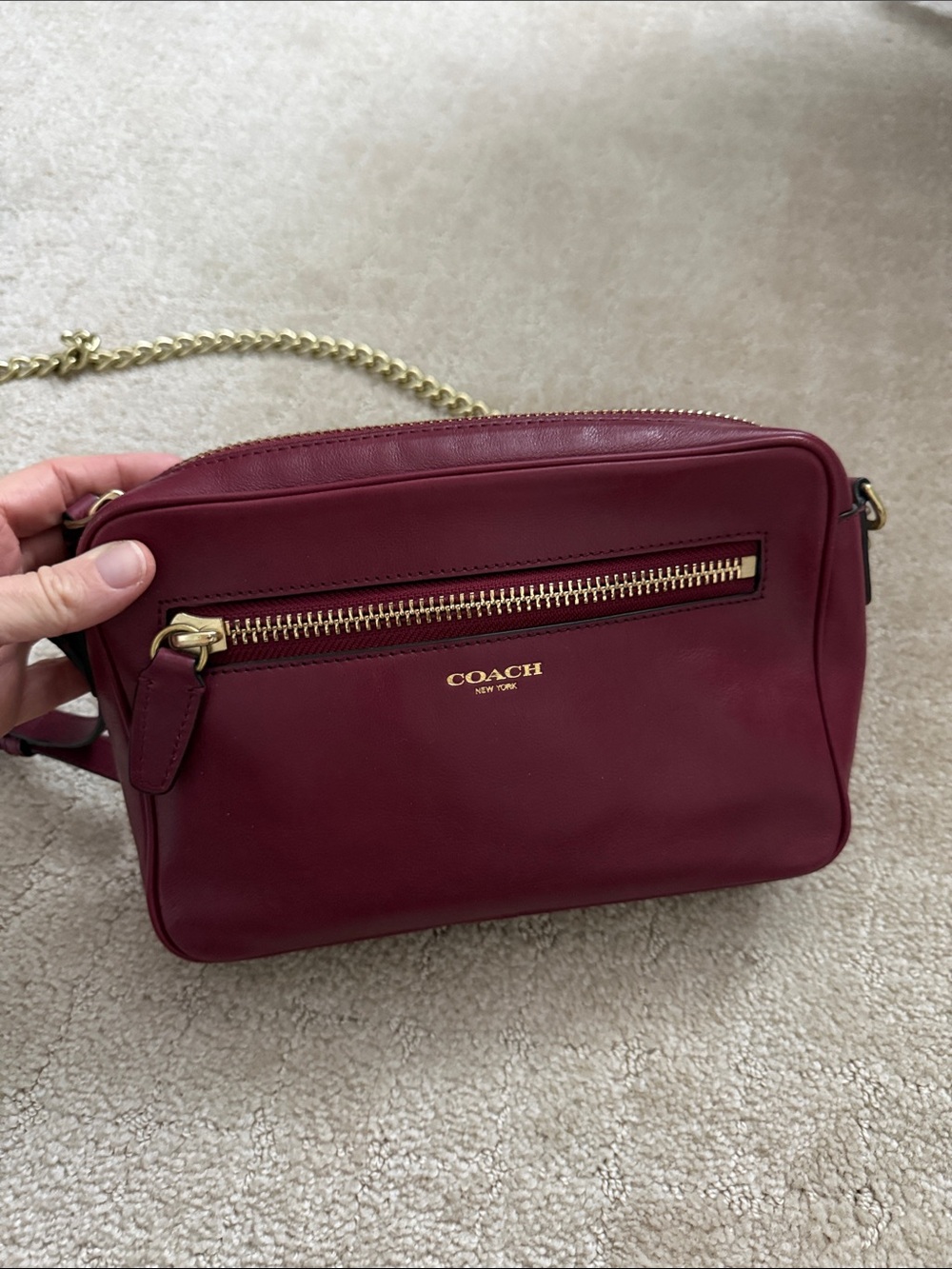 Coach Burgundy Leather Crossbody with Gold-Tone Chain